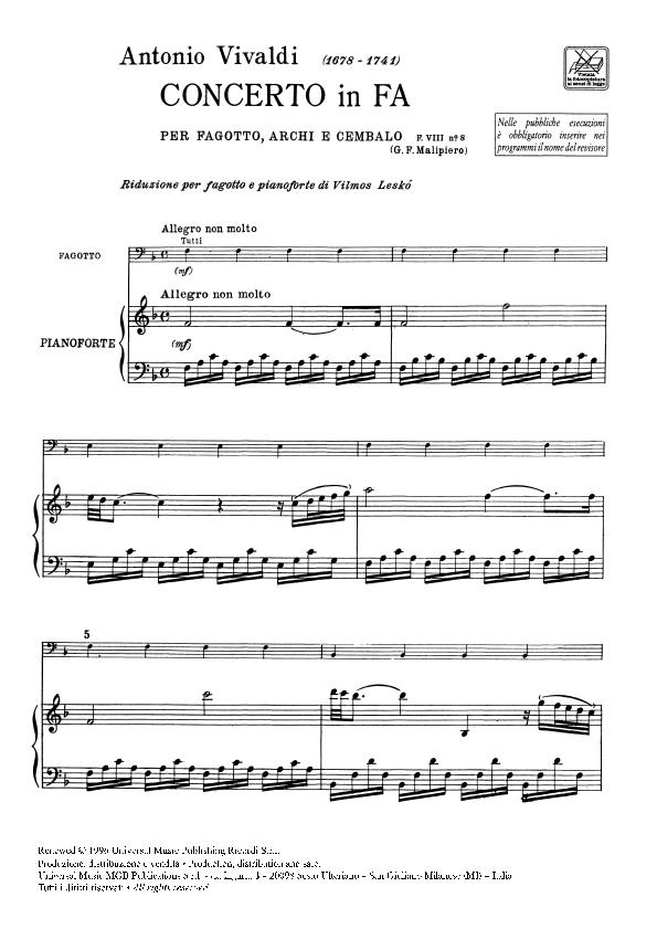 Concerto in Fa Maggiore per Fagotto, Archi e BC - Rv 485 - F.Viii-8-Tomo 109 - Riduzione Per Fagotto E Pianoforte - fagot a klavír